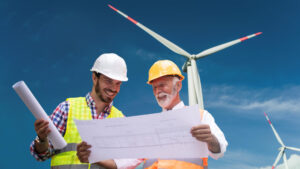 Windmill engineers inspection and progress check wind turbine