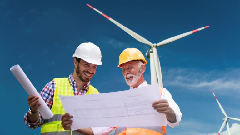 Windmill engineers inspection and progress check wind turbine