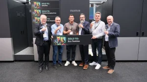 From left to right: Manuel Schrutt, Director Business Strategy – Packaging, Fujifilm Corporation, David Smith, General Manager, Eco Flexibles, Simon Buswell, Sales and Marketing Director, Eco Flexibles, Raynald Barillot, Category Manager Digital Packaging EMEA, Fujifilm Europe, Matt Francklow, Director, Eco Flexibles, Andy Kent, General Manager, Fujifilm UK