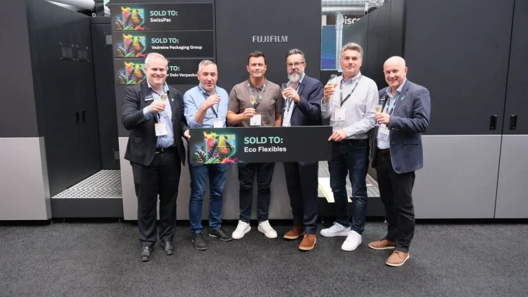 From left to right: Manuel Schrutt, Director Business Strategy – Packaging, Fujifilm Corporation, David Smith, General Manager, Eco Flexibles, Simon Buswell, Sales and Marketing Director, Eco Flexibles, Raynald Barillot, Category Manager Digital Packaging EMEA, Fujifilm Europe, Matt Francklow, Director, Eco Flexibles, Andy Kent, General Manager, Fujifilm UK