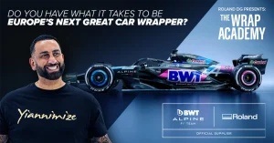 Legendary celebrity car wrapper Yianni Charalambous . Well, with the BWT Alpine F1 team and Roland DG (the world’s leading provider of digital printing solutions) he’s on the hunt for Europe’s hottest car wrapper