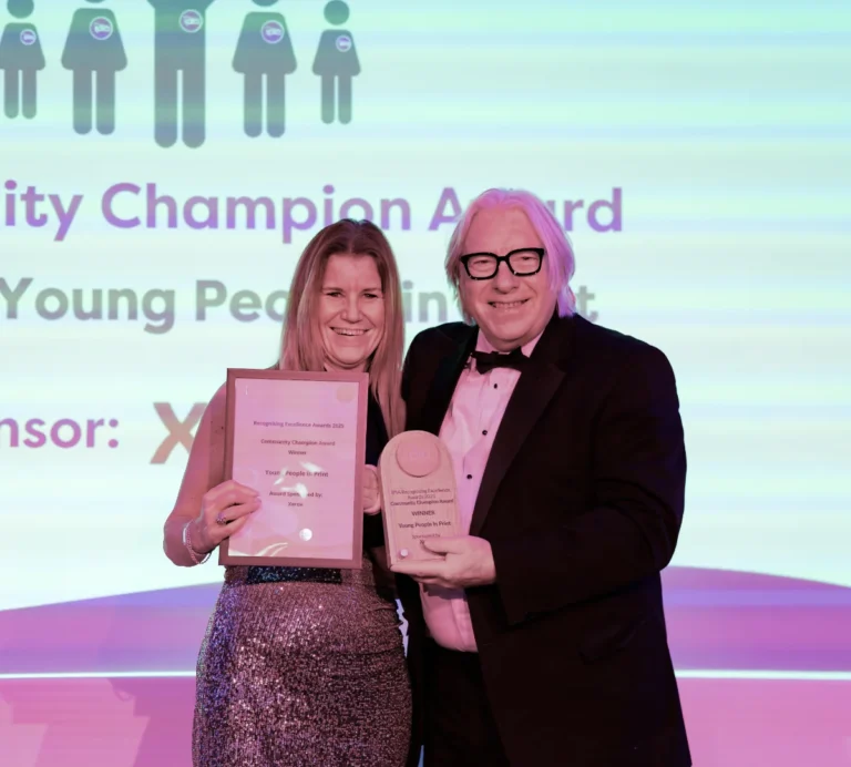 community champion award winner l to r recipient young people in print's elizabeth bowerman and award sponsor xerox's kevin o'donnell