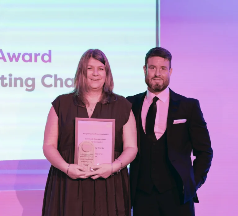 community champion highly commended l to r recipient the printing charity's nicola peacock and award sponsor vivid's lewis evans