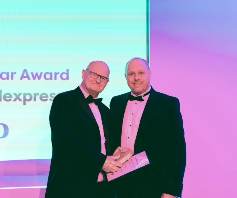 manufacturer of the year highly commended l to r recipient flexpress' steve wenlock and award sponsor duplo's martyn train