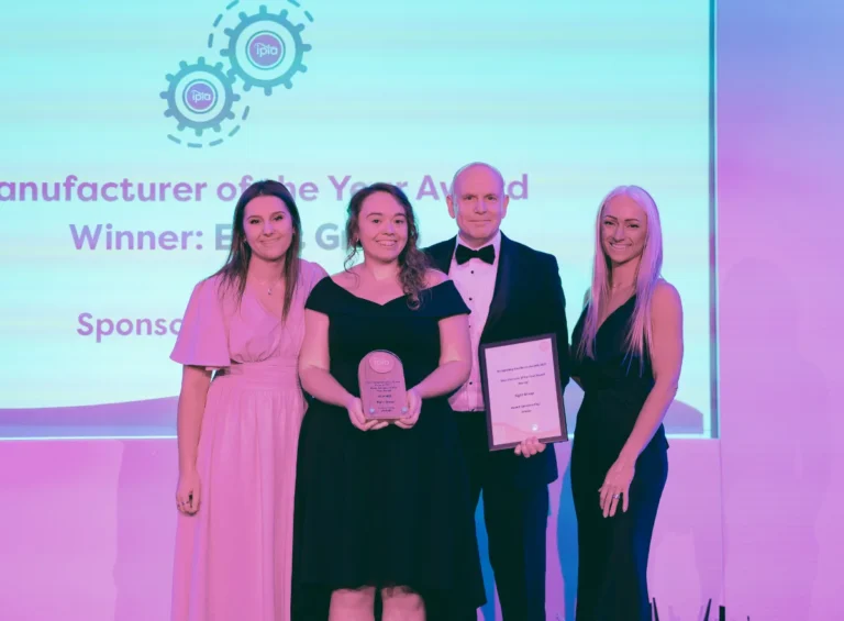 manufacturer of the year winner l to r 8 group's gabriela solarek, charlotte speaight and lance hill, with award sponsor antalis' katie farr