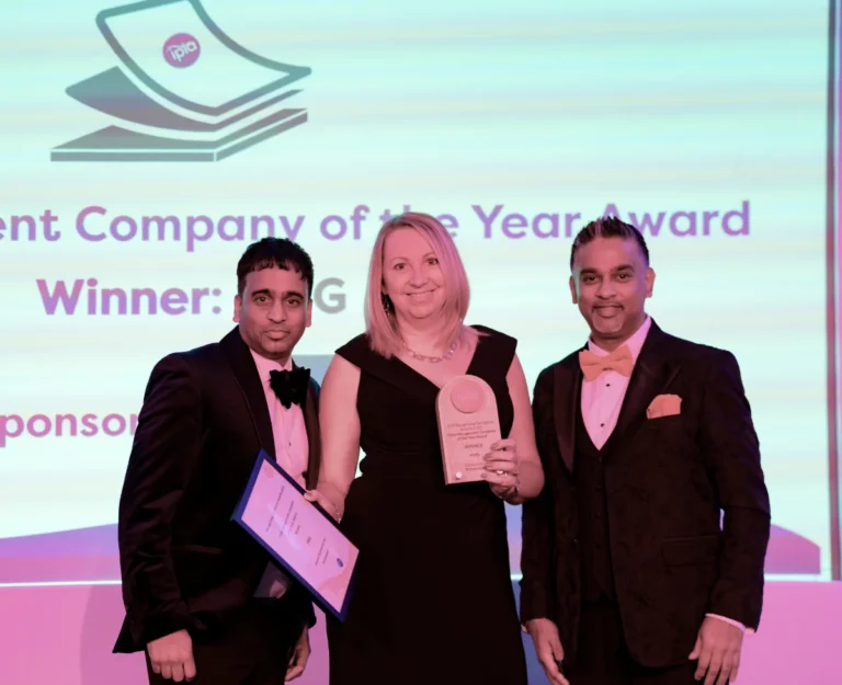 print managment company of the year winner l to r award sponsor printvision's ash patel, recipient pmg's ellie roberts, and printvision's krit patel