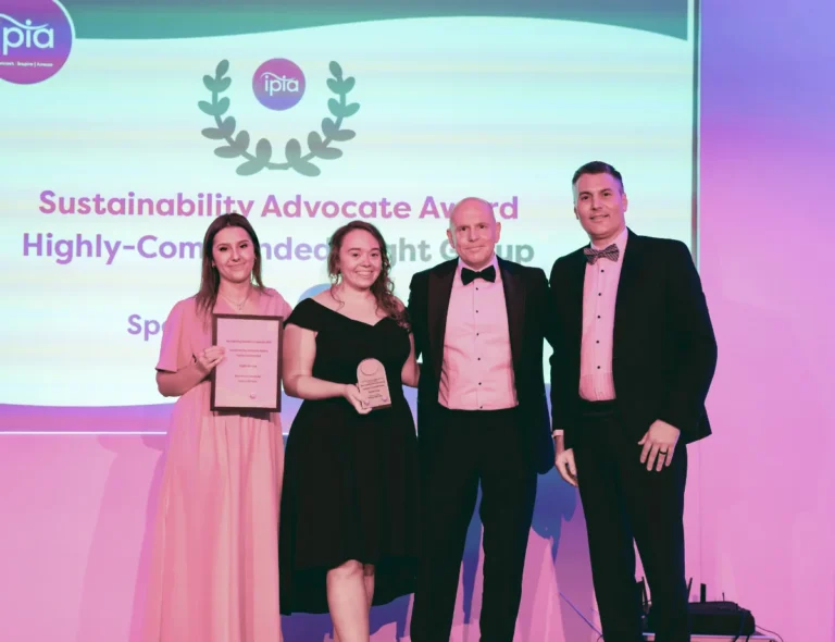 sustainability advocate highly commended l to r recipient 8 group's gabriela solarek, charlotte speaight and lance hill, with award sponsor konica minolta's allan bates
