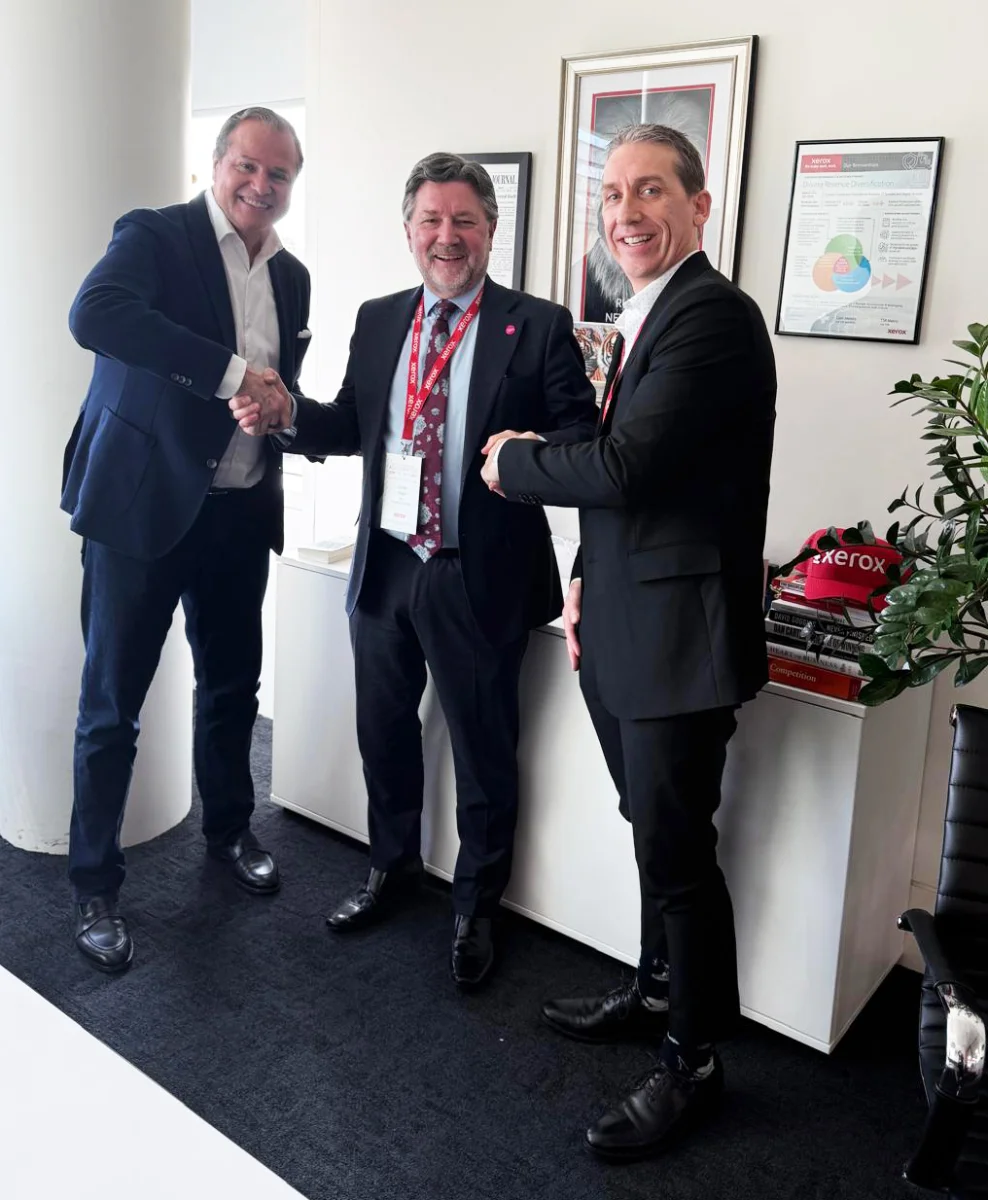 (L to R) Jacques-Edouard Gueden, Xerox’ Chief Revenue Officer; Charles Rogers, IPIA President; and Matthew Raab, Xerox’ Director of Global Portfolio Marketing ¬– at the Xerox Future of Production Print event