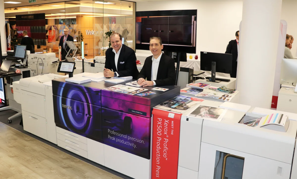 The Xerox Proficio PX500 is a 100-page-per-minute digital colour press. It features an optional 5th colour station for specialty dry inks (clear, white, fluorescent), and automated real-time colour/registration control for high-volume, premium application production